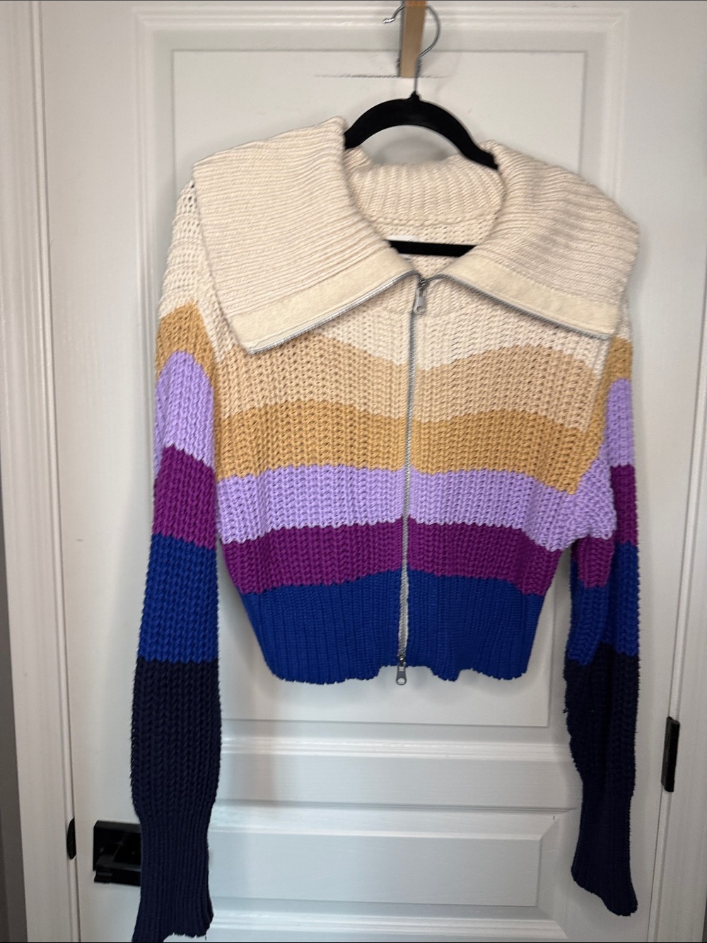 aerie Zip-Front Cropped Striped Sweater in Cream, Tan, Purple, Blue